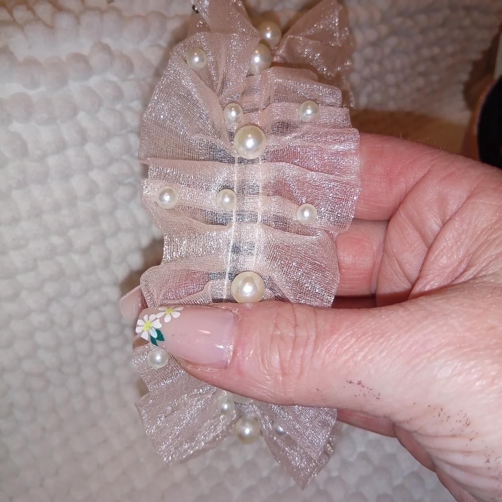 Gorgeous Pink Ruffled Tulle Headband with Faux Pearls | Bridal, Coquette, Fairyc - Picture 12 of 13